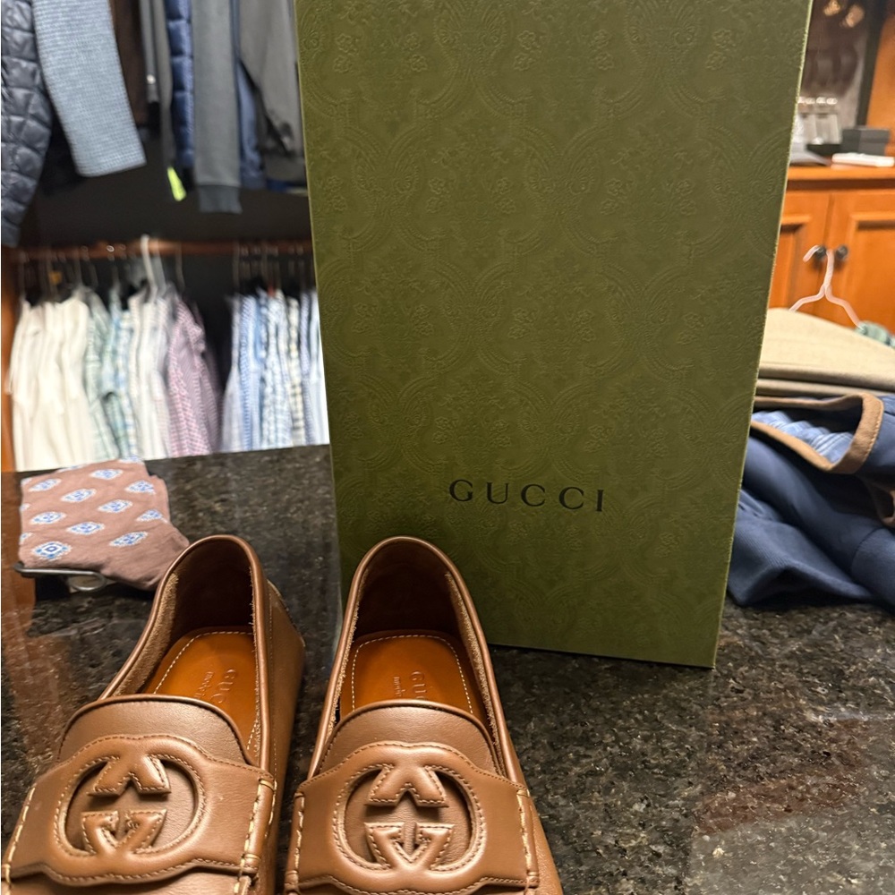 Gucci Tan Leather Loafers with Logo